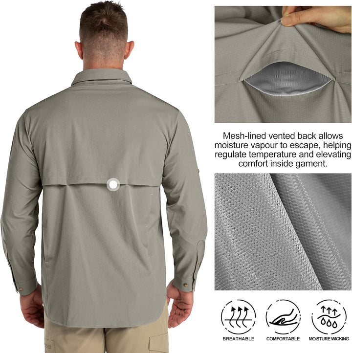 33,000ft Safari Hemd Herren Langarm Sportshemd UPF50+ UV Schutz Funktionshemd Atmungsaktiv Button-Do