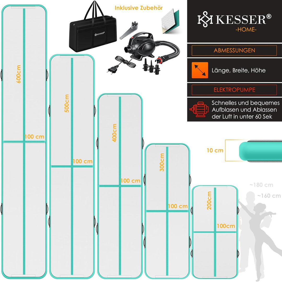 KESSER® Turnmatte Aufblasbar Airtrack Fitness-Matte Gymnastikmatte | inkl. Tragetasche & elektr. Luf
