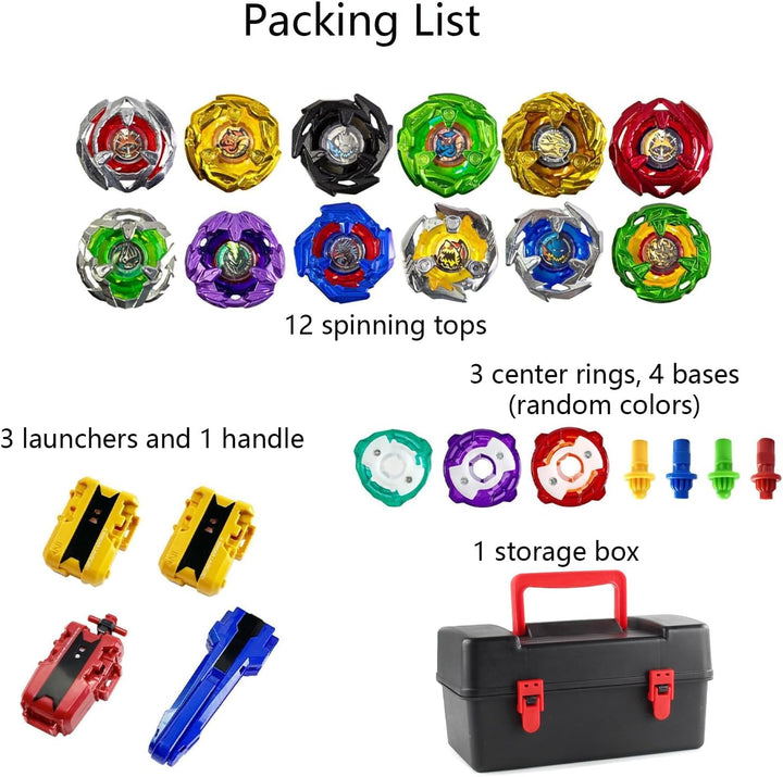 Battling Tops, 12 Kreisel, 3 Werfer, 1 Griff, 3 Mittelringe und 4 Basen, mit Aufbewahrungsbox, Gebur