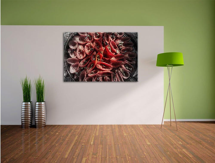 Pixxprint Tomaten Olivenöl Kräuter als Leinwandbild/Grösse: 100x70 cm/Wandbild/Kunstdruck/fertig bes