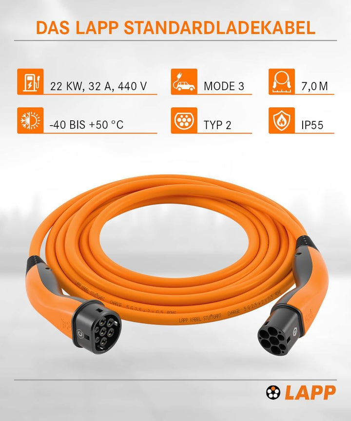 Lapp Mobility Typ 2 Ladekabel 22 KW/Glatt / 32 A / 3-Phasig/E-Auto Ladekabel/Mode 3 / 7m 7 Meter Ora