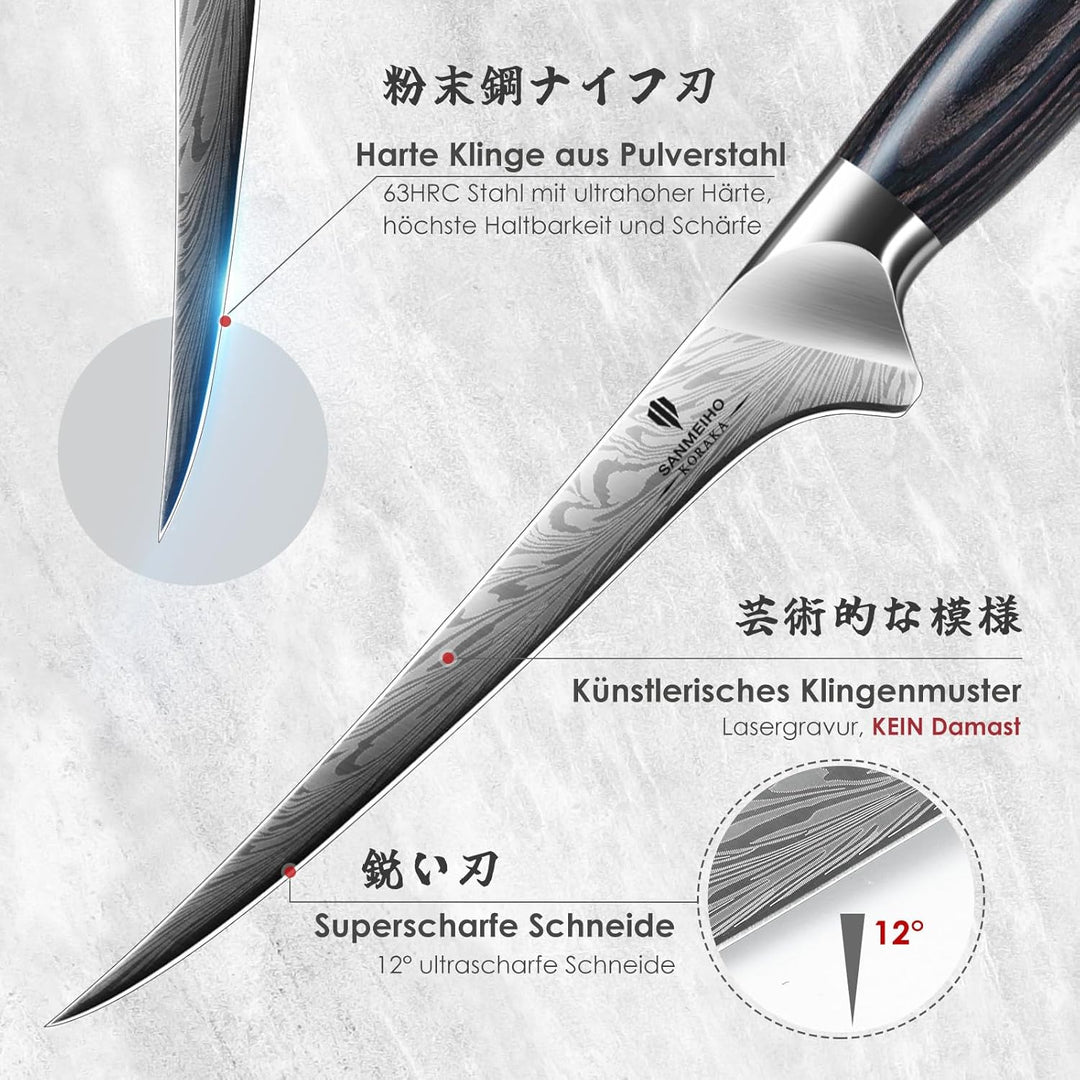 SANMEIHO Filetiermesser aus Pulverstahl, Japanisches Filetiermesser Fisch 18cm, Professionelles Fisc
