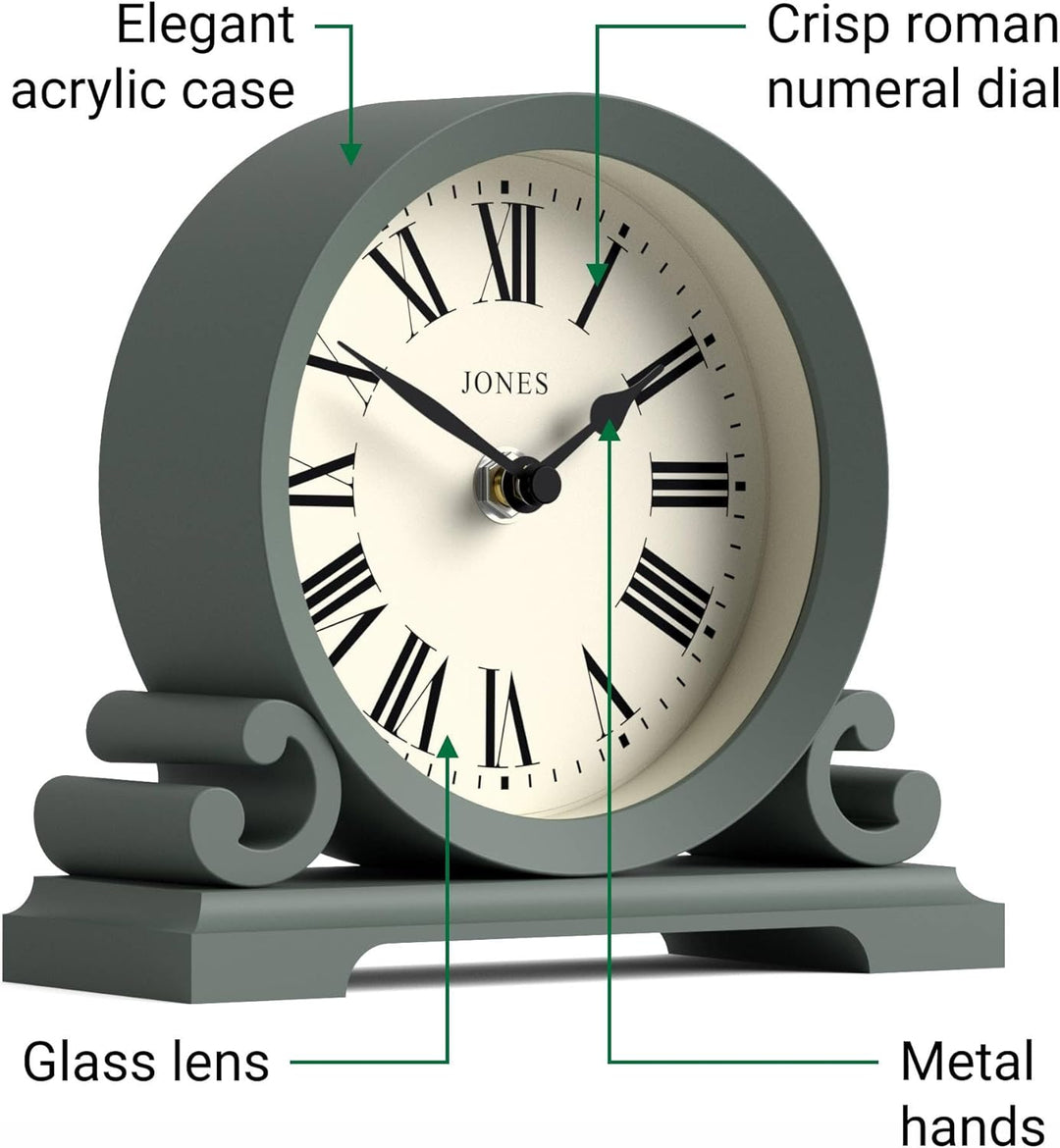 JONES CLOCKS® Saloon Kaminsims Uhr | Klein traditionelles doppelschneckendesign | Grün | Römische zi