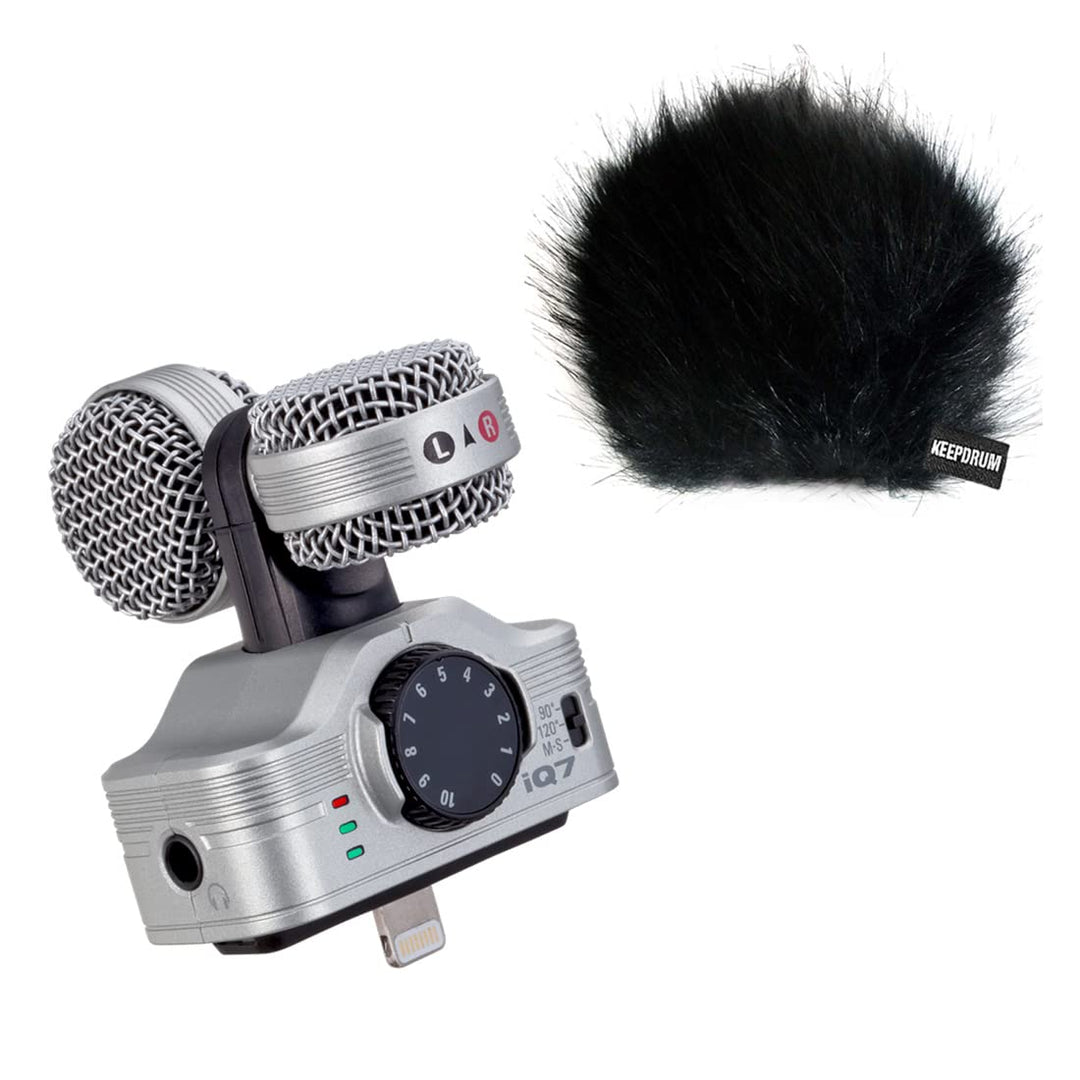 Zoom iQ7 Mitten-Seiten-Stereo Mikrofon für iOS-Geräte + keepdrum WSBK Fell-Windschutz