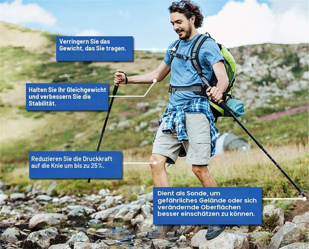 Trekkingstock, zusammenklappbarer Wanderstock für Herren und Damen, ultraleichter Aluminium-Skistock