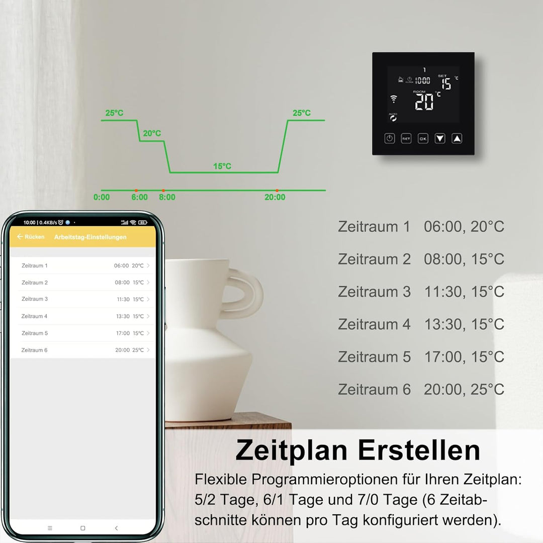 KETOTEK Elektrische Fussbodenheizung Thermostat WiFi 16A Alexa Google Assistant Kompatibel, WLAN Rau
