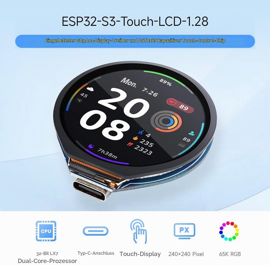 Waveshare ESP32-S3 Development Board, with 1.28inch Round Touch LCD, Compact Size, Accelerometer and