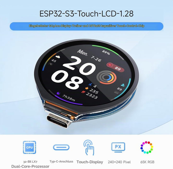 Waveshare ESP32-S3 Development Board, with 1.28inch Round Touch LCD, Compact Size, Accelerometer and