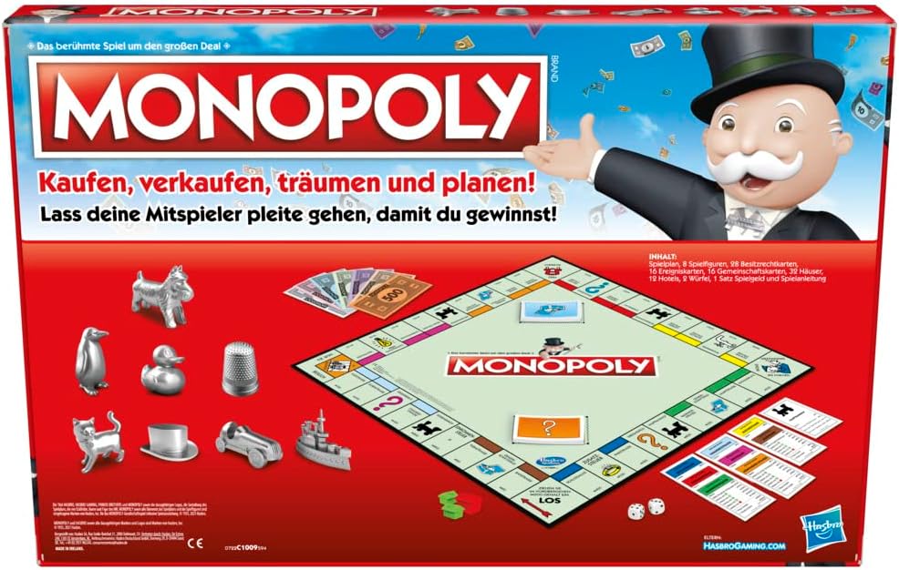 Monopoly Spiel, Familien-Brettspiel für 2 bis 6 Spieler, ab 8 Jahren für Kinder, mit 8 Spielfiguren