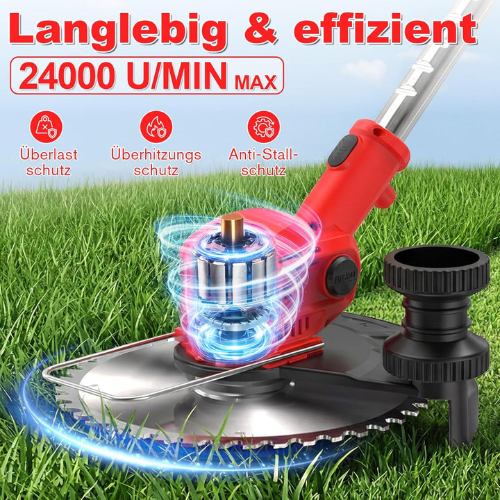 21V Rasentrimmer mit 2×2000mAh Akku und Ladegerät, Akku Freischneider mit 14-Fach Schneidsystem, LCD