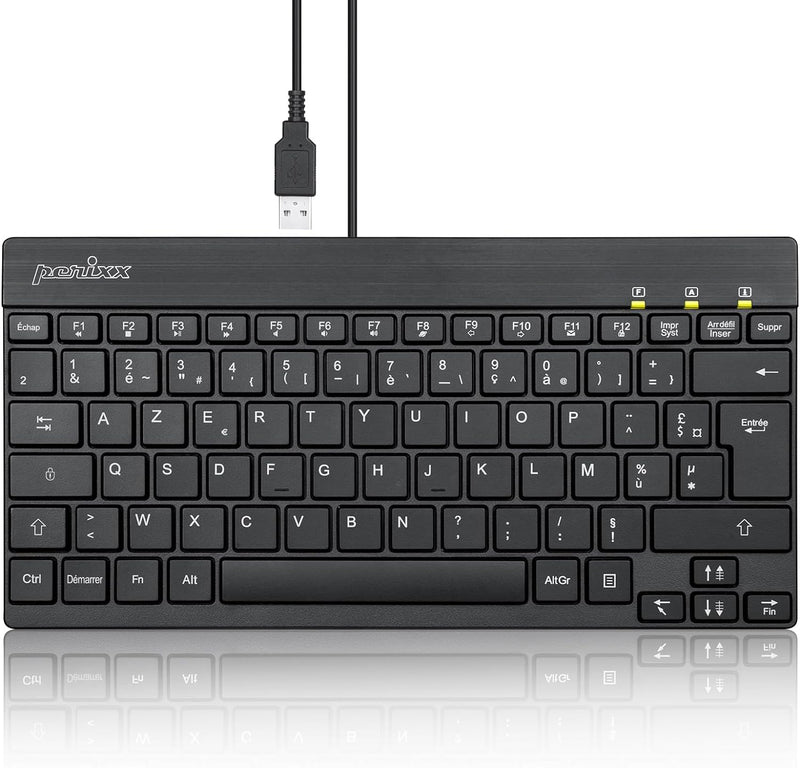 perixx PERIBOARD-426 Mini-Tastatur mit USB-Kabel, Französisch AZERTY, Schwarz, Schwarz