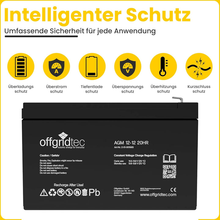 Offgridtec® 12Ah 12V Bleiakku AGM Zyklenfest USV Ersatz VRLA, 12Ah