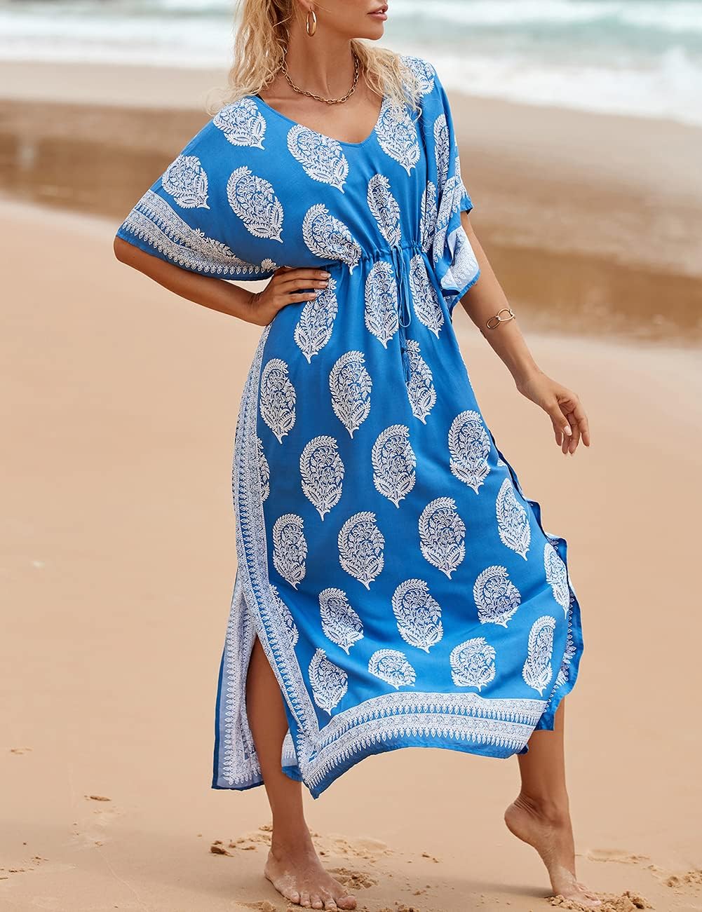 Bsubseach Damen Beachwear Türkische Kaftans Lange Strandkleid Caftan Beach Dress Blau 2, Blau 2