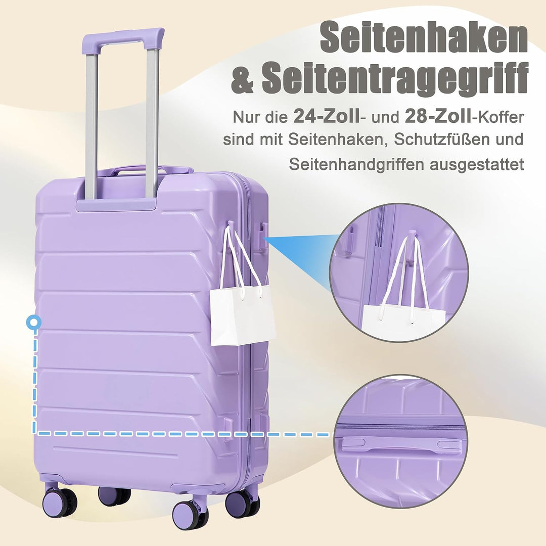 Hartschalen-Koffer Trolley Handgepäck Rollkoffer, Reisekoffer Set mit 4 Rollen, 4er Gepäckset Lila L