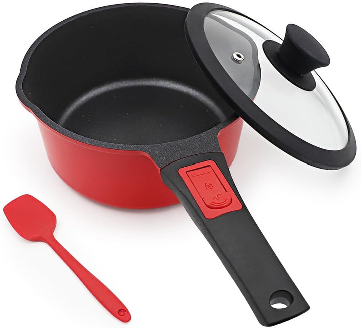 Bobikuke Kasserolle 16cm mit Deckel, 1.5L Antihaft-Stielkasserolle mit Abnehmbarer Griff, Milchtopf