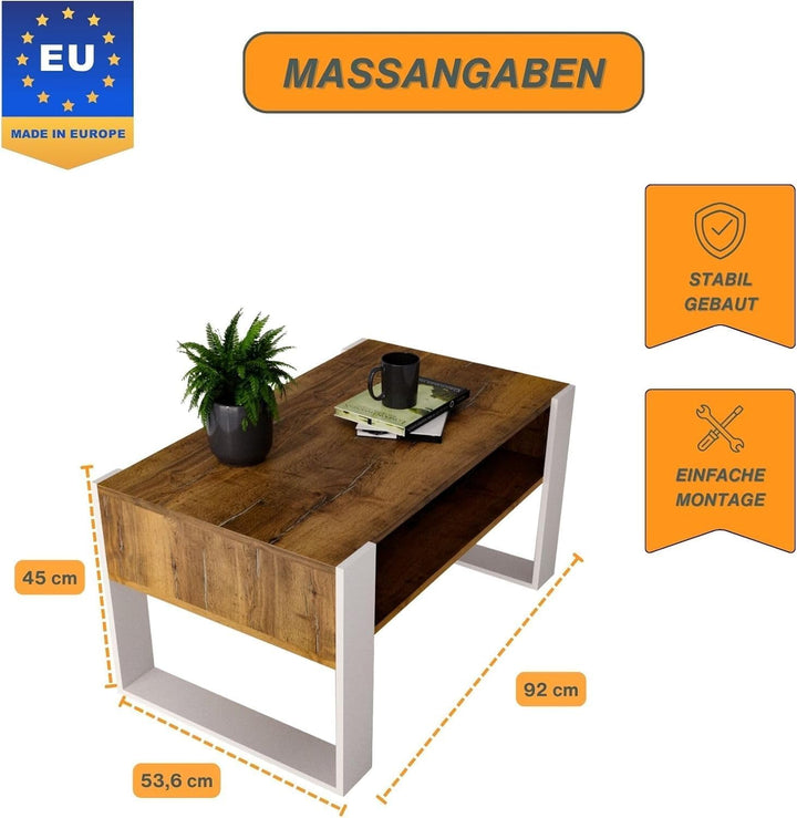 CraftPAK Wohnzimmer Tisch für Couch aus hochwertigem Holz, moderner Couchtisch mit zusätzlicher Abla