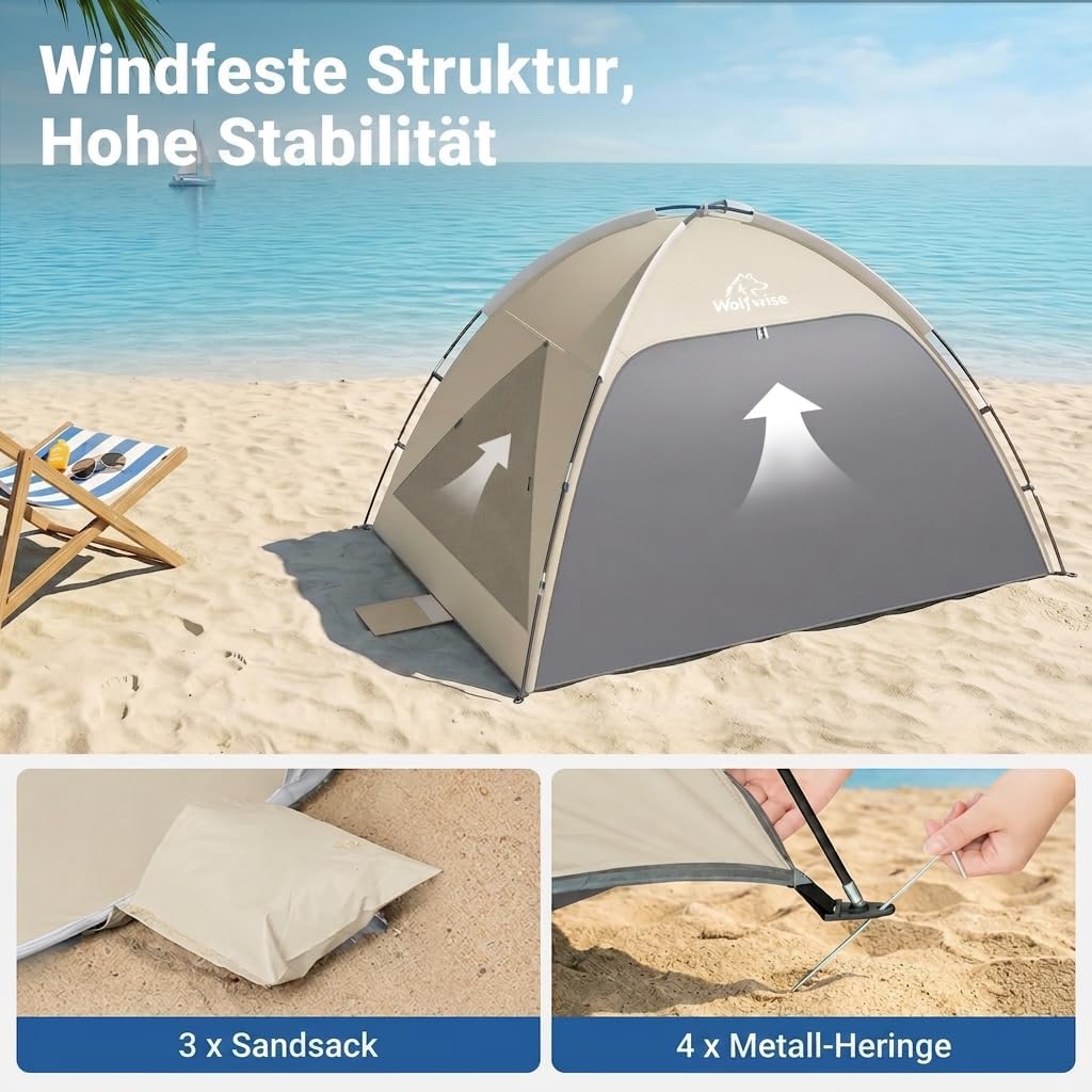 Wolfwise Strandmuschel UV Schutz, 3 Belüftungsfenster & Tragetasche, Strand Zelt mit erweiterbarem B