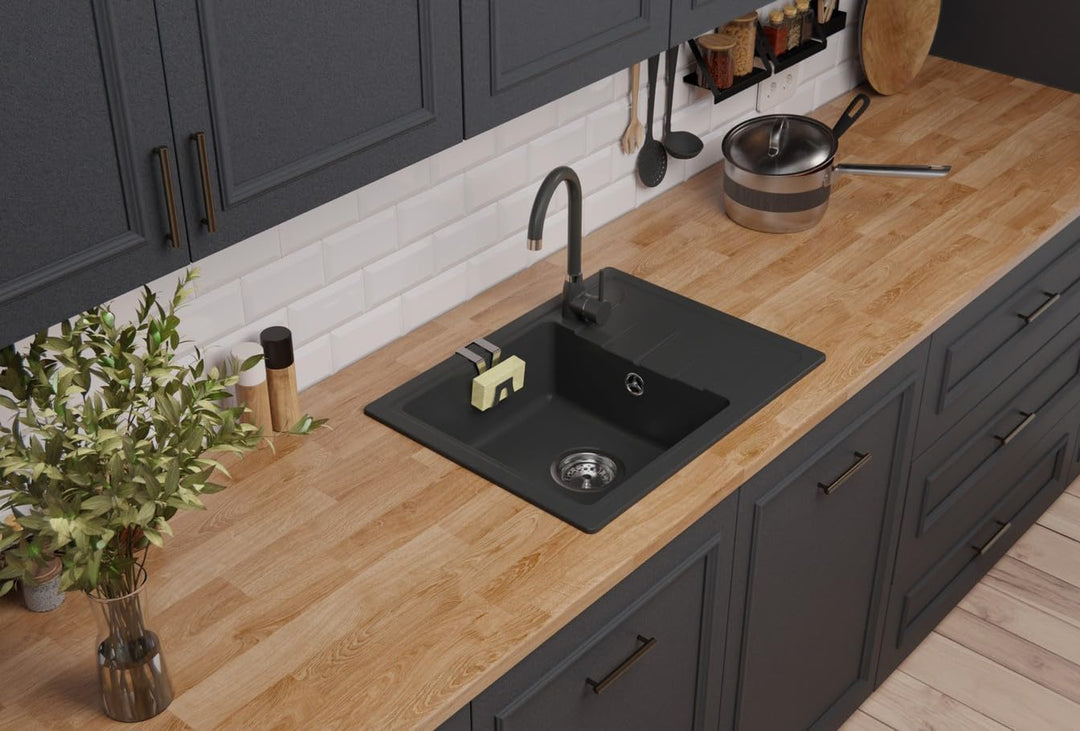 GRANMASTER Gracia Granitspüle 1 Becken mit Abtropffläche und Schwammhalter - Küchenspüle 58x44x16,4