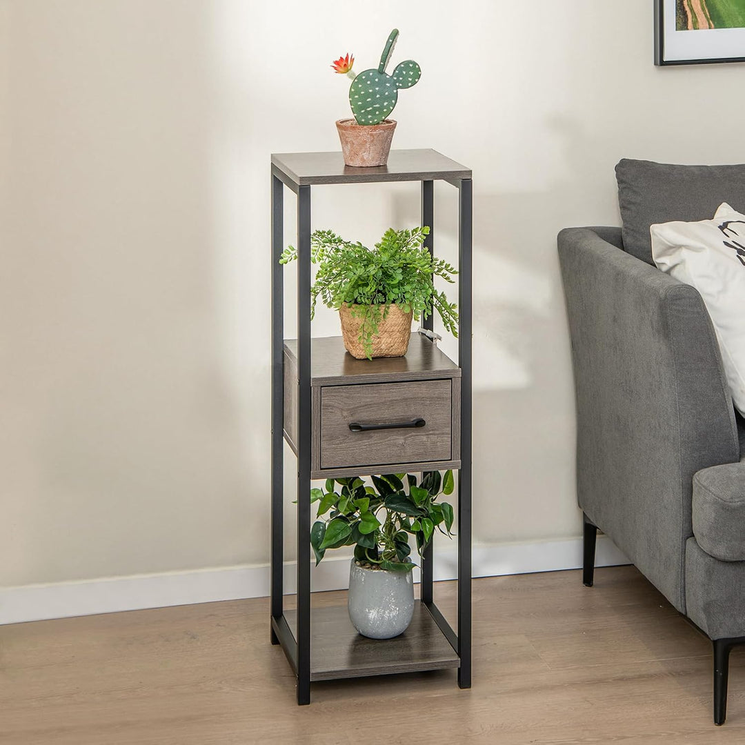 COSTWAY 3 Etagen Metall Pflanzenständer, 60 kg, Blumenständer mit Schublade & Kippsicherung, Pflanze