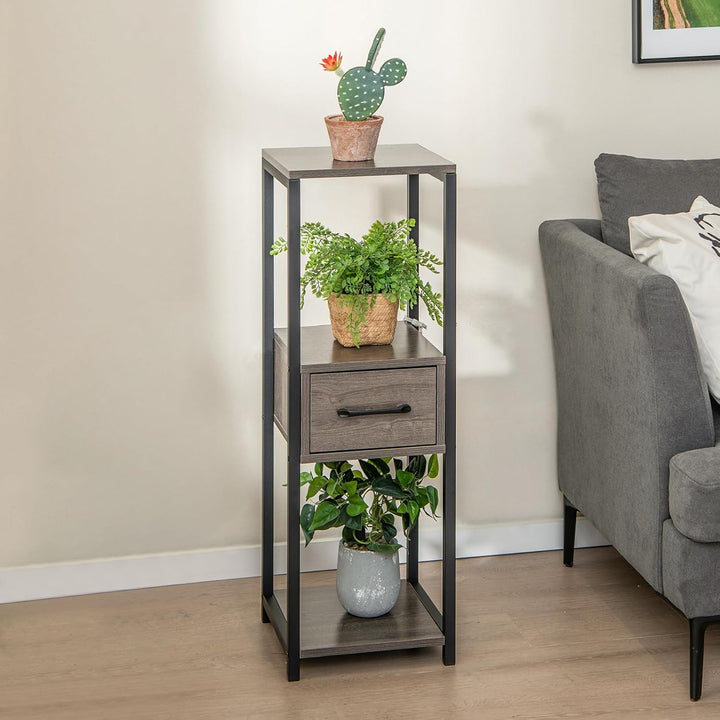 COSTWAY 3 Etagen Metall Pflanzenständer, 60 kg, Blumenständer mit Schublade & Kippsicherung, Pflanze