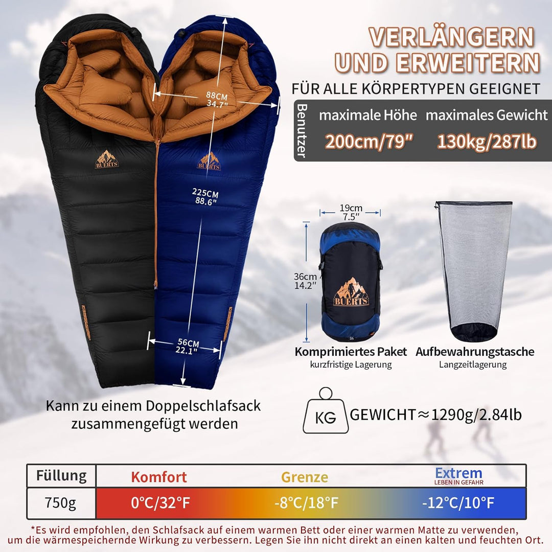 Winter-Daunenschlafsack, für 0 bis -24°C kaltes Wetter. Ultraleichter Mumien-Schlafsack, für Erwachs
