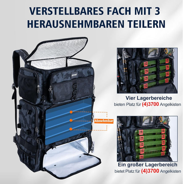 Goture 72L Angelrucksack mit Kühltasche (16L) &amp; Trocken-/Nass-Fach - Verstellbare Fächer Wasserabwei