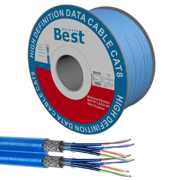 Germany B.e.s.t 50m CAT 8 Duplex Netzwerkkabel Verlegekabel Halogenfrei Installationskabel 40 Gbit/s