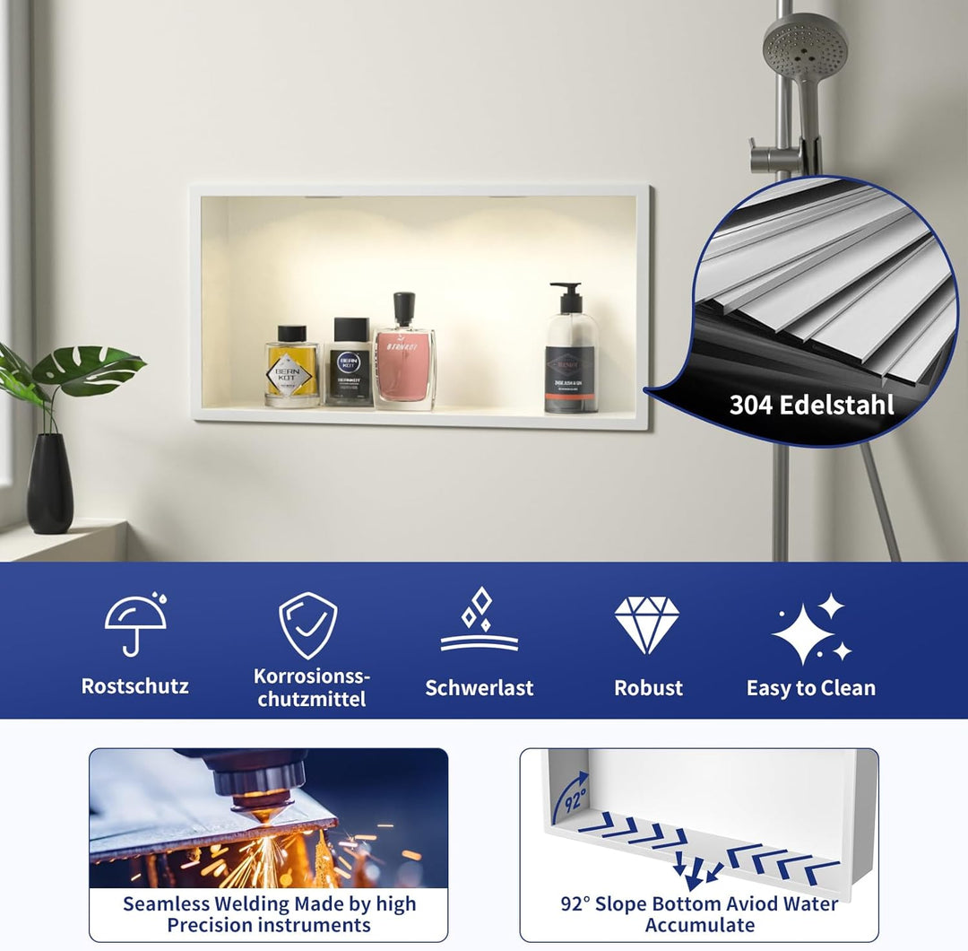Wandnische Dusche Edelstahl mit LED Downlight, 60 cm x 30 cm, Wasserdicht - Keine Fliesen Erforderli