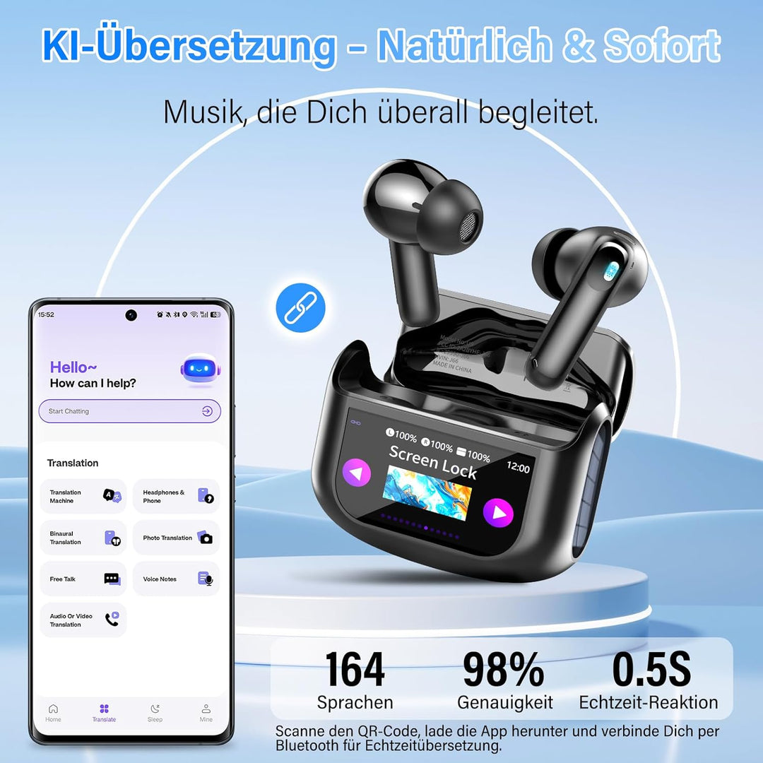 KI Übersetzer Kopfhörer, 3-in-1 Echtzeit Sprachübersetzer Kopfhörer 164 Sprachen mit ANC Mic & App,