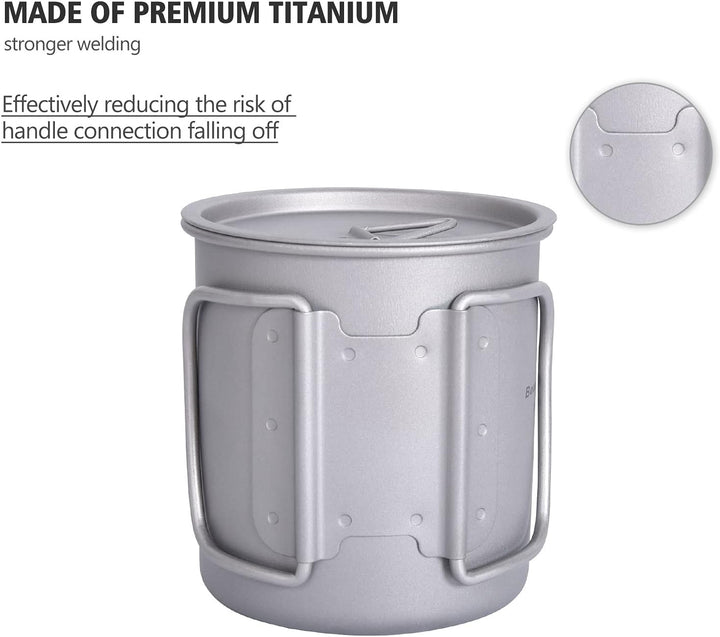iBasingo 300ml Titan Becher Camping Tasse Outdoor Tee Kaffee Reisebecher mit Deckel & Klappgriff Lei