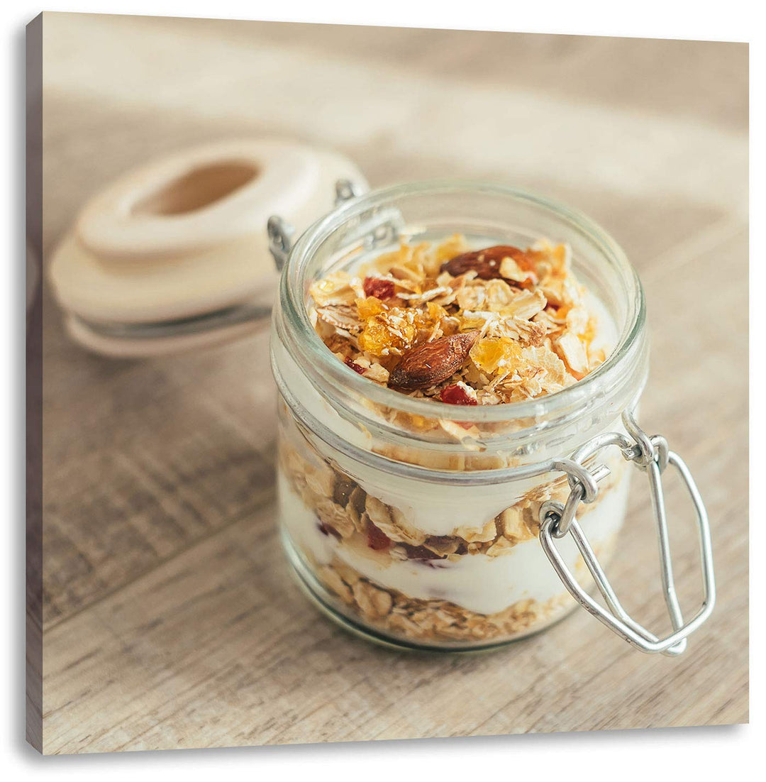 Jogurt Müsli im Glas, Format: 70x70 auf Leinwand, XXL riesige Bilder fertig gerahmt mit Keilrahmen,