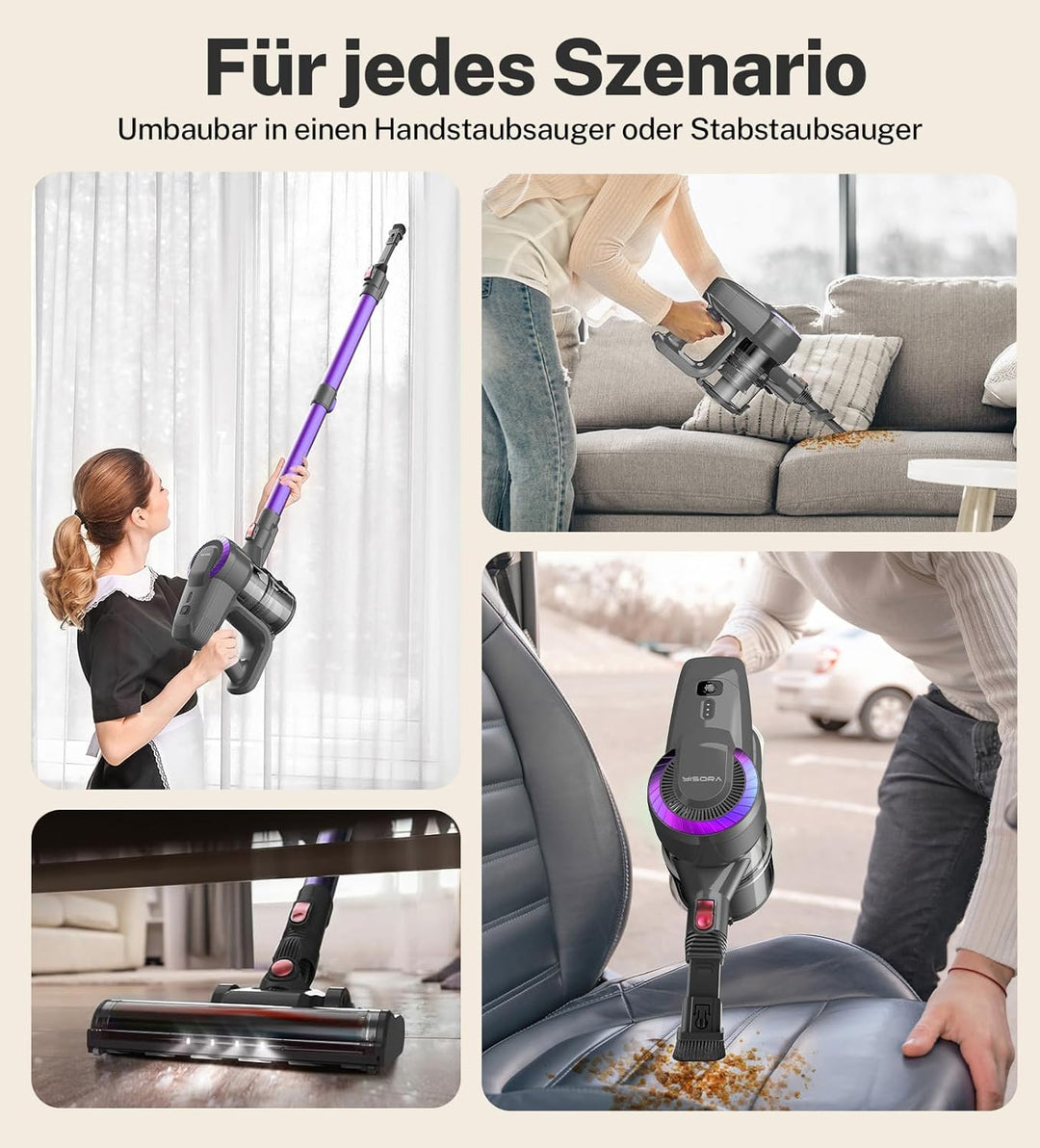 Akku Staubsauger, 28000Pa/175W/55Min Staubsauger Kabellos, Anti-Tangle-Bürste und Selbststehend, Ult