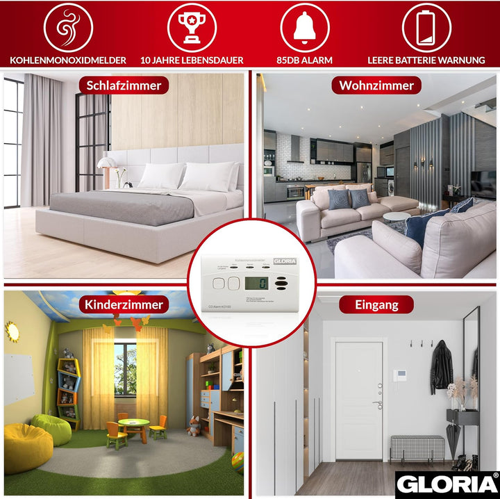 Gloria 2X Kohlenmonoxidmelder KO10D mit 10 Jahren Garantie und fest eingebauter Lithium Batterie
