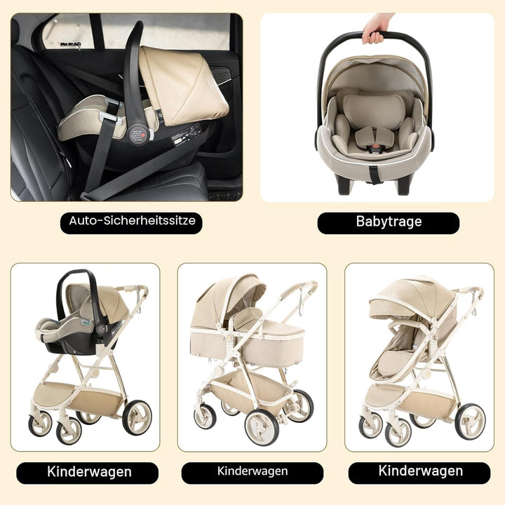 Gcarebb PU Leder 3 in 1 Kinderwagen, Buggy Mit Auto Babyschale, Mit Einem Klick Zusammenklappbarer T