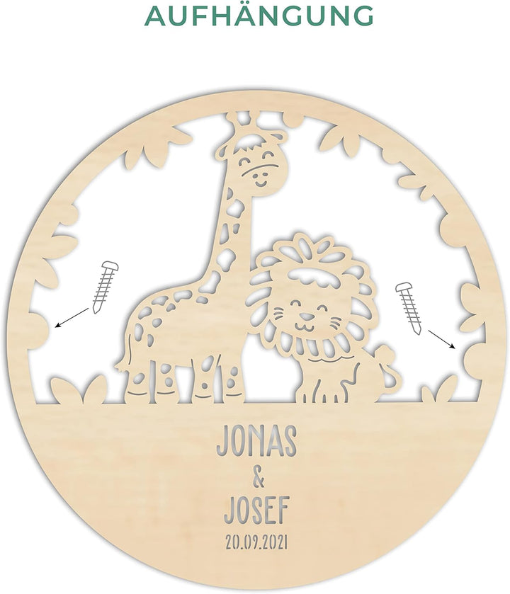 LAUBLUST Nachtlicht Kinderzimmer Personalisiert - Löwe & Giraffe - 30x0,4 cm - Natur - Wandlampe für