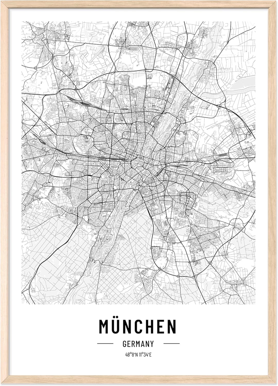JUNOMI® München Poster XL mit Rahmen Eiche, DIN A2 Wohnzimmer Deko, Modernes Wandbild, München Bild,