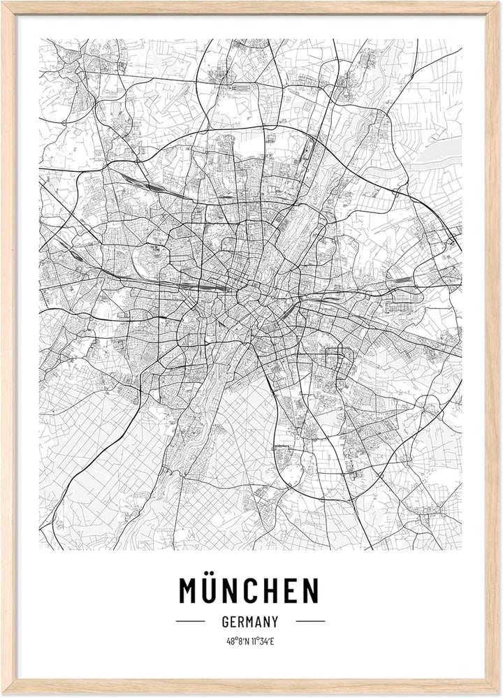 JUNOMI® München Poster XL mit Rahmen Eiche, DIN A2 Wohnzimmer Deko, Modernes Wandbild, München Bild,