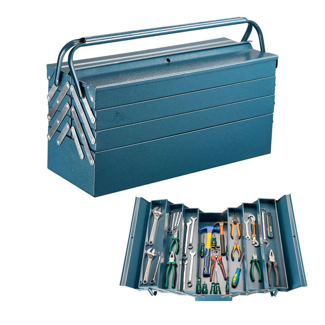 Wiltec Werkzeugkiste 530x200x250mm aus Stahl mit 7 Fächern, beständiger Werkzeugkasten mit Handgriff