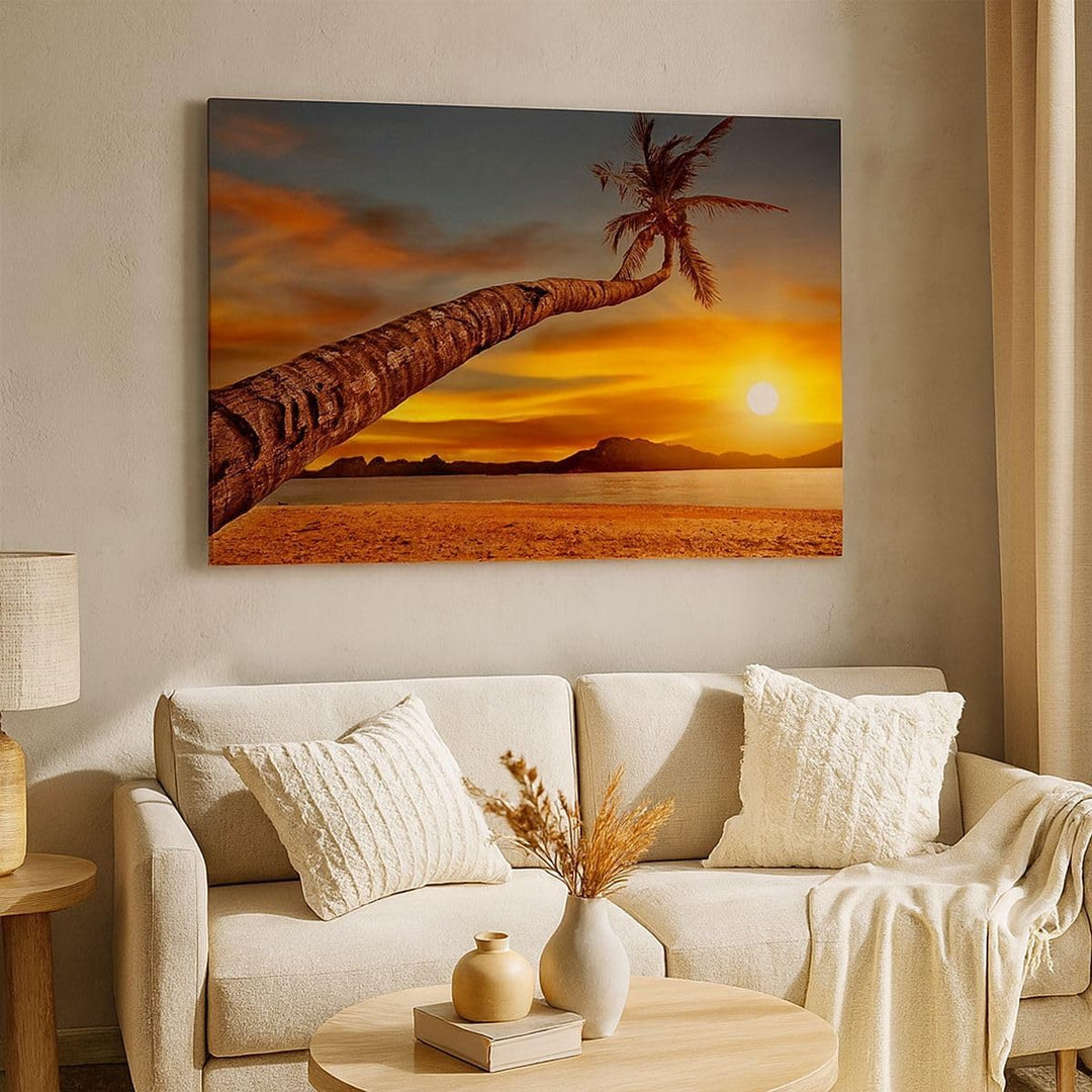 ARTTOR Bilder auf Leinwand 100x70cm Leinwandbild Palme Landschaft Sonne Gross Wanddeko Bild Schlafzi