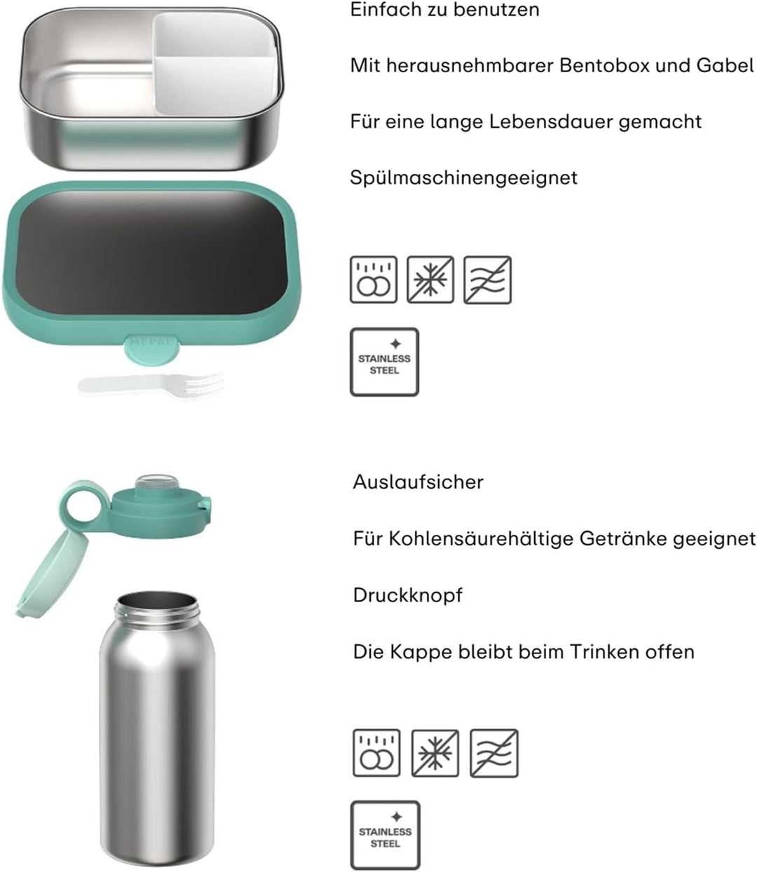 Mepal - Edelstahl-Pausenset Campus - Set für Kinder mit Trinkflasche mit Klappdeckel &amp; Lunch Box - L