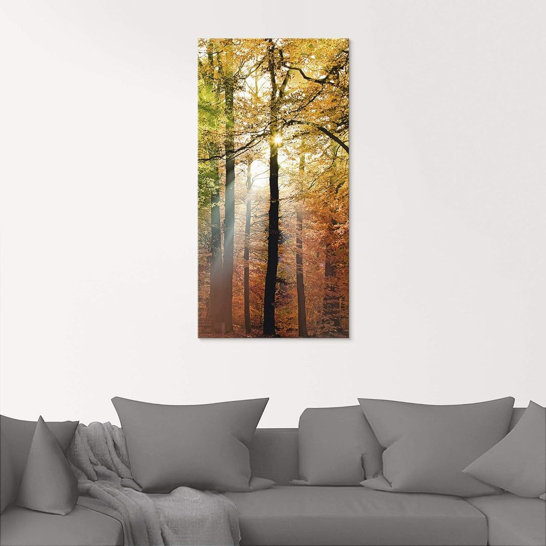Glasbilder Wandbild Glas Bild einteilig 30x60 cm Hochformat Natur Landschaft Wald Herbst Sonne Bäume