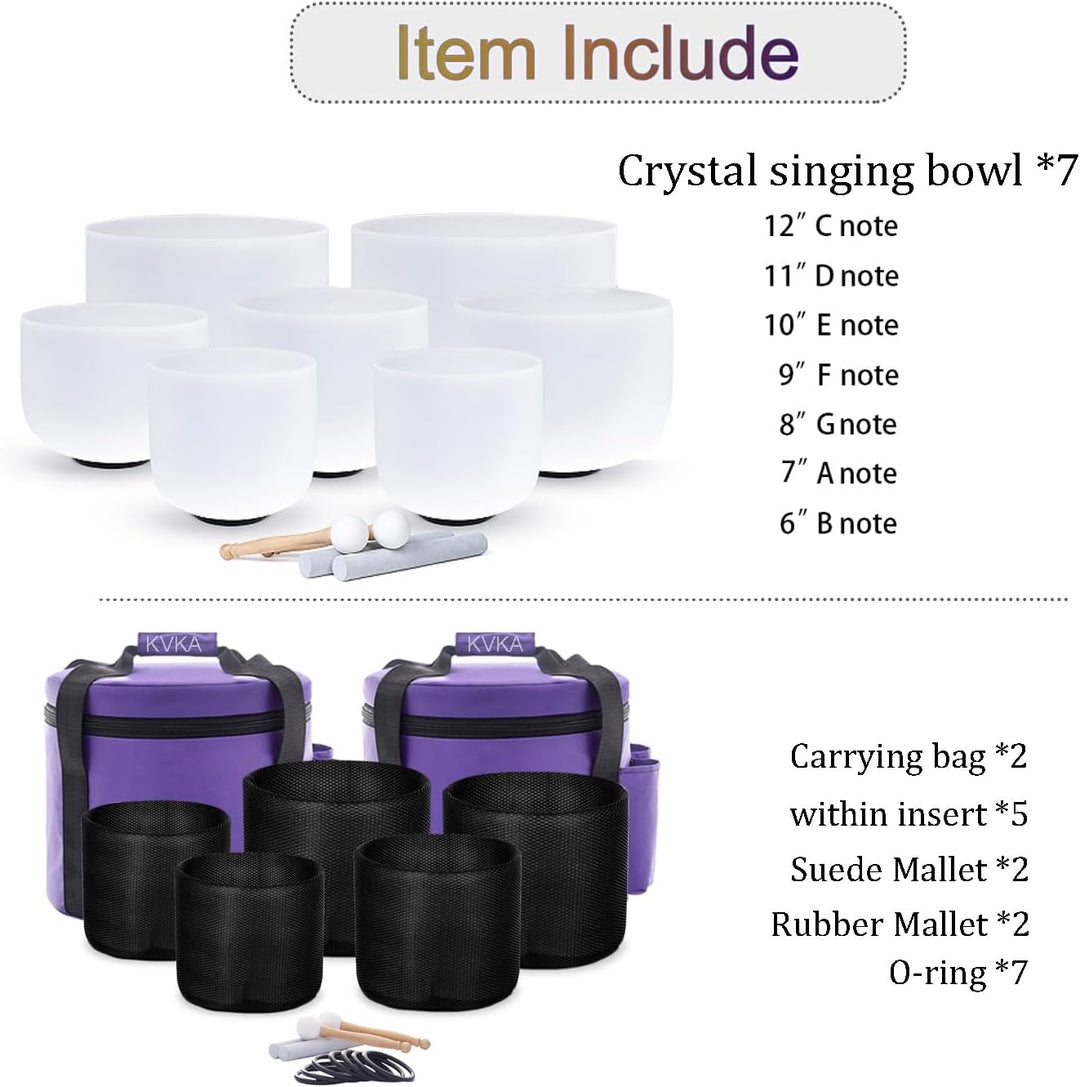 KVKA 432hz 6-12 Zoll Kristallschale Set aus 7 Stück Kristallklangschale mit Tragetasche