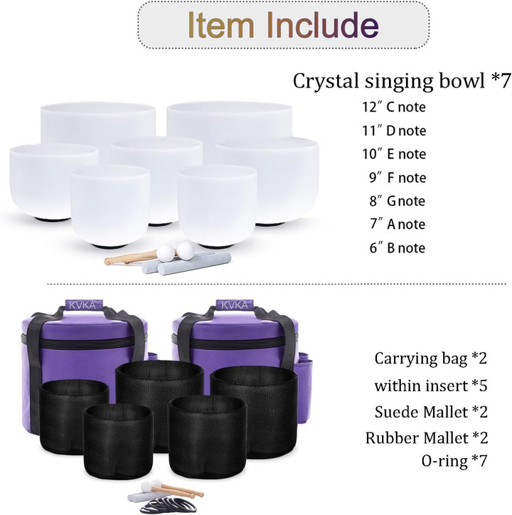 KVKA 432hz 6-12 Zoll Kristallschale Set aus 7 Stück Kristallklangschale mit Tragetasche