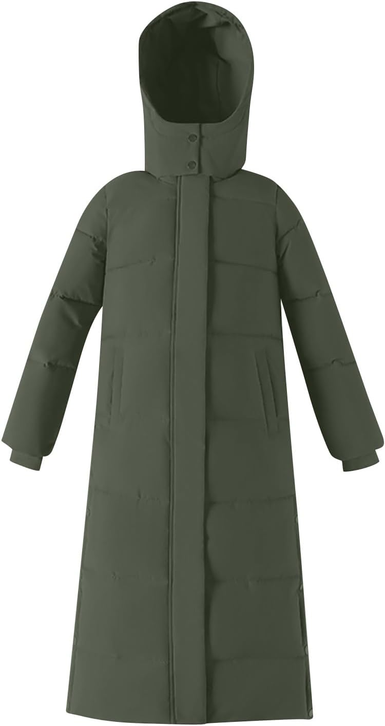 Lange Daunenjacke Damen Dicke Warme Winterjacke Elegant Einfarbig Daunenmantel mit Kapuze Schlitz Wi