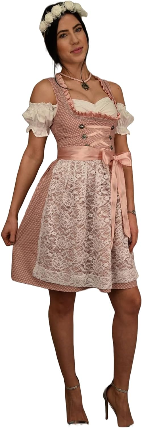 Golden Trachten Dirndl Set Trachtenkleid Rosa mit Weiss gepunktet Gr 34 bis 42 518GT (34)