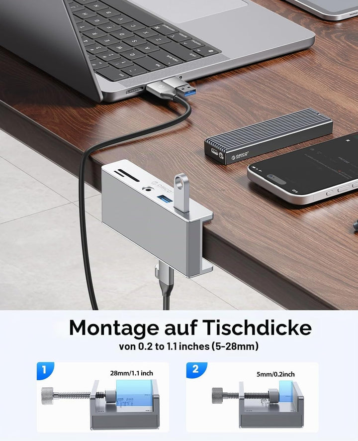 ORICO USB Hub 3.0 Mit SD/TF Kartenleser - 5 in 1 Verteiler Mit 2 USB-A Ports, 3.5 mm Audio, 5Gbps -