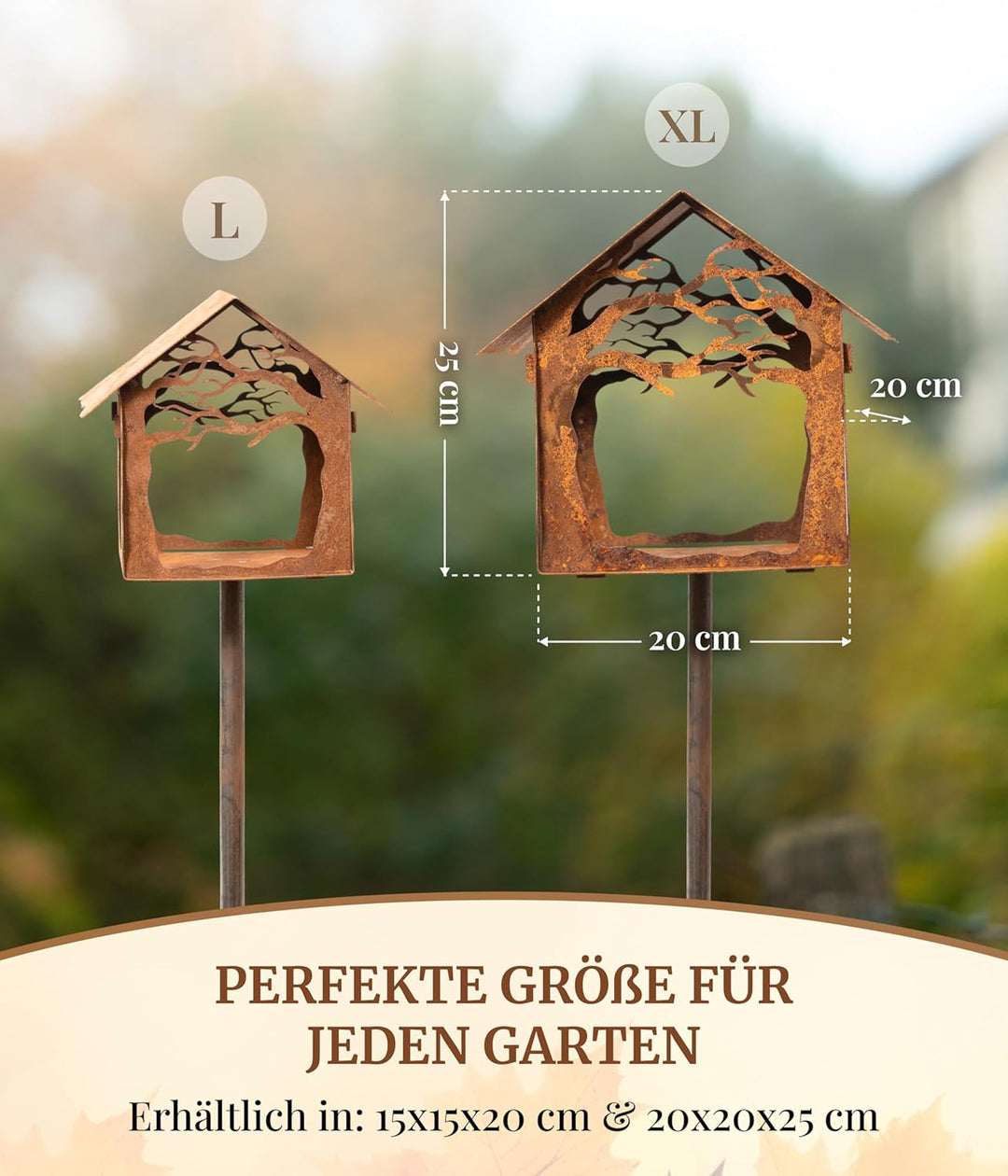Vogelhaus Woodland auf Stab (20x20x25) - wetterfest - charmantes Rostdesign - Flexibel mit Fenstern