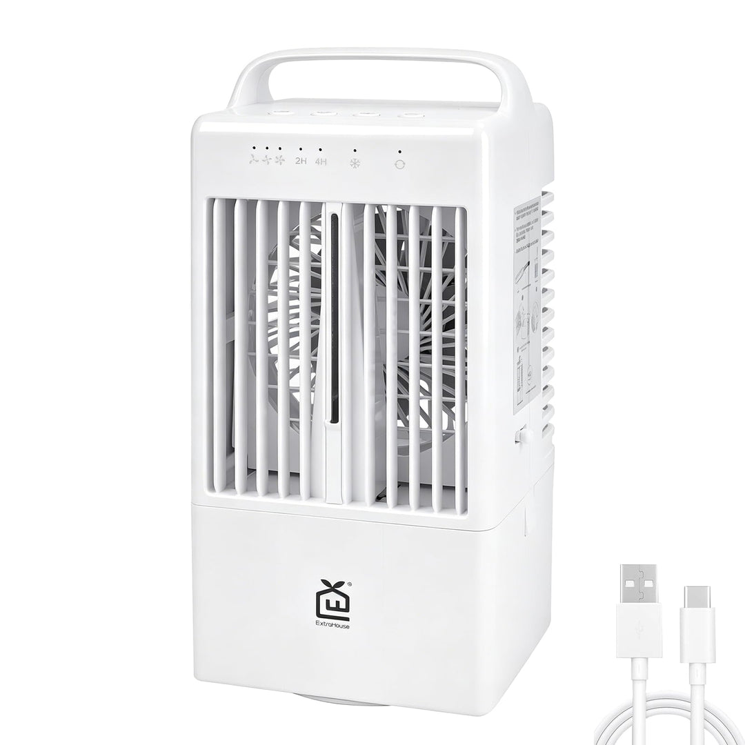 EXTRASTAR Tischventilator mit Sprühfunktion, 2/4h-Timer &amp; 900ml Wassertank Weiss mit Oberem Tragebüg