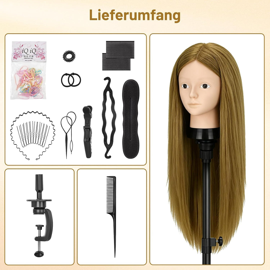 TwoWin Friseurkopf mit Haaren, 24 Zoll (61 cm) 80% Echthaar Mannequin Kopf, Make-up Übungskopf, Trai