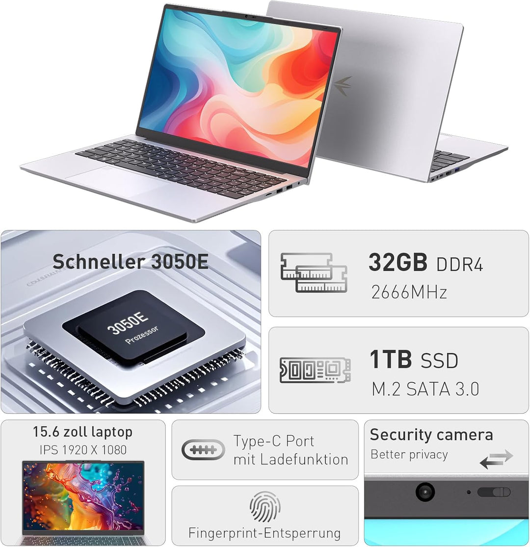Auusda Laptop 15,6 Zoll, Notebook mit 32GB RAM 1TB SSD, Fingerabdrucksensor, beleuchtete Tastatur, 3